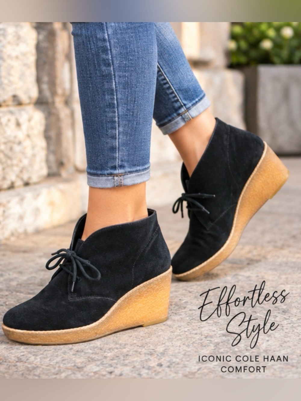 Cole Haan Black Suede Halley Wedge Chukka Ankle Boots